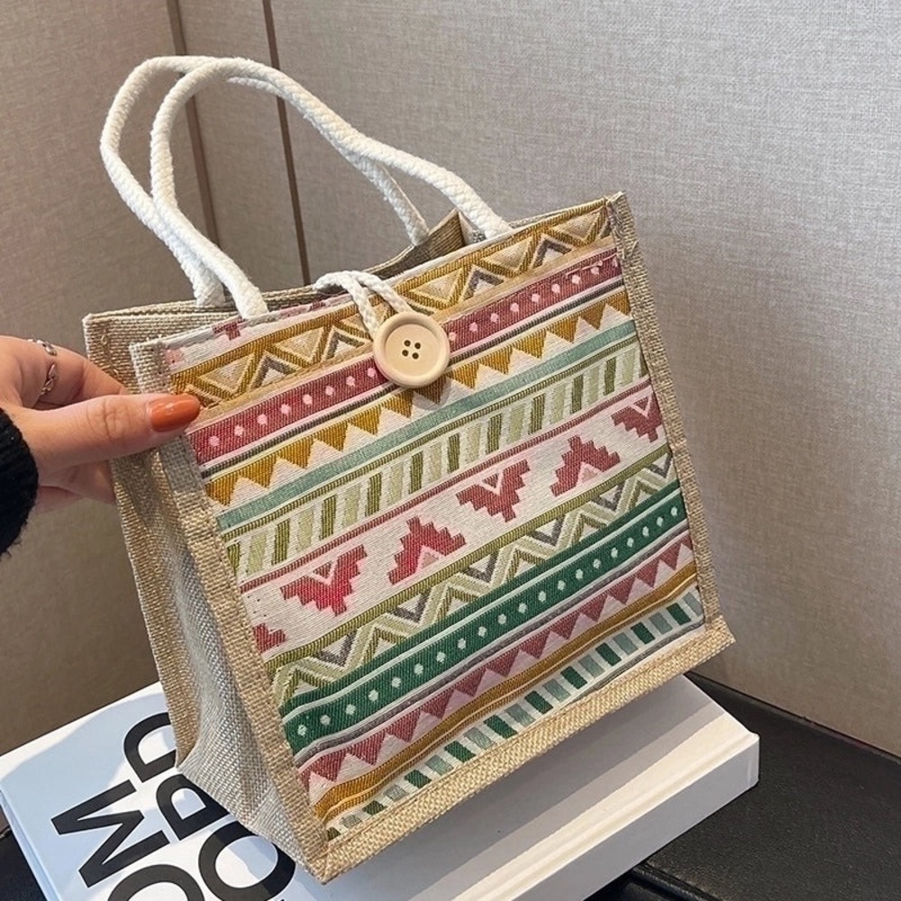 Patterned Tote Bag with Button Closure